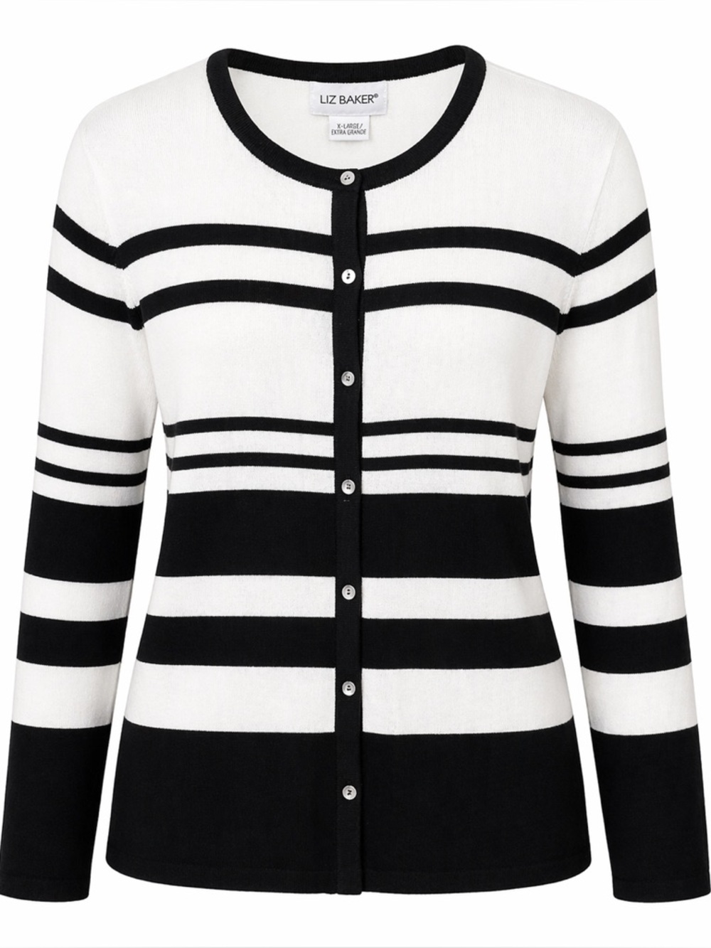 Liz Baker Black White Striped Cardigan XL Lightweight Button Front Classic Chic
